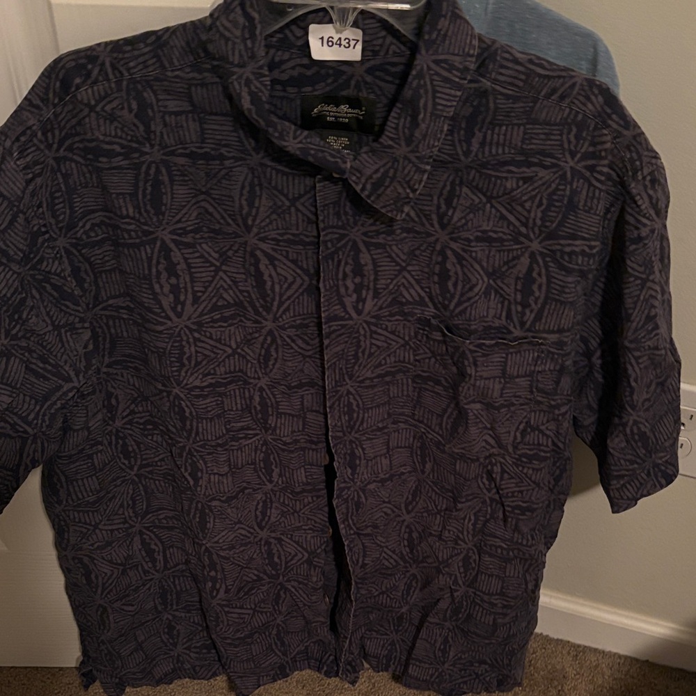 Eddie Bauer Navy Patterned Linen-Cotton Shirt